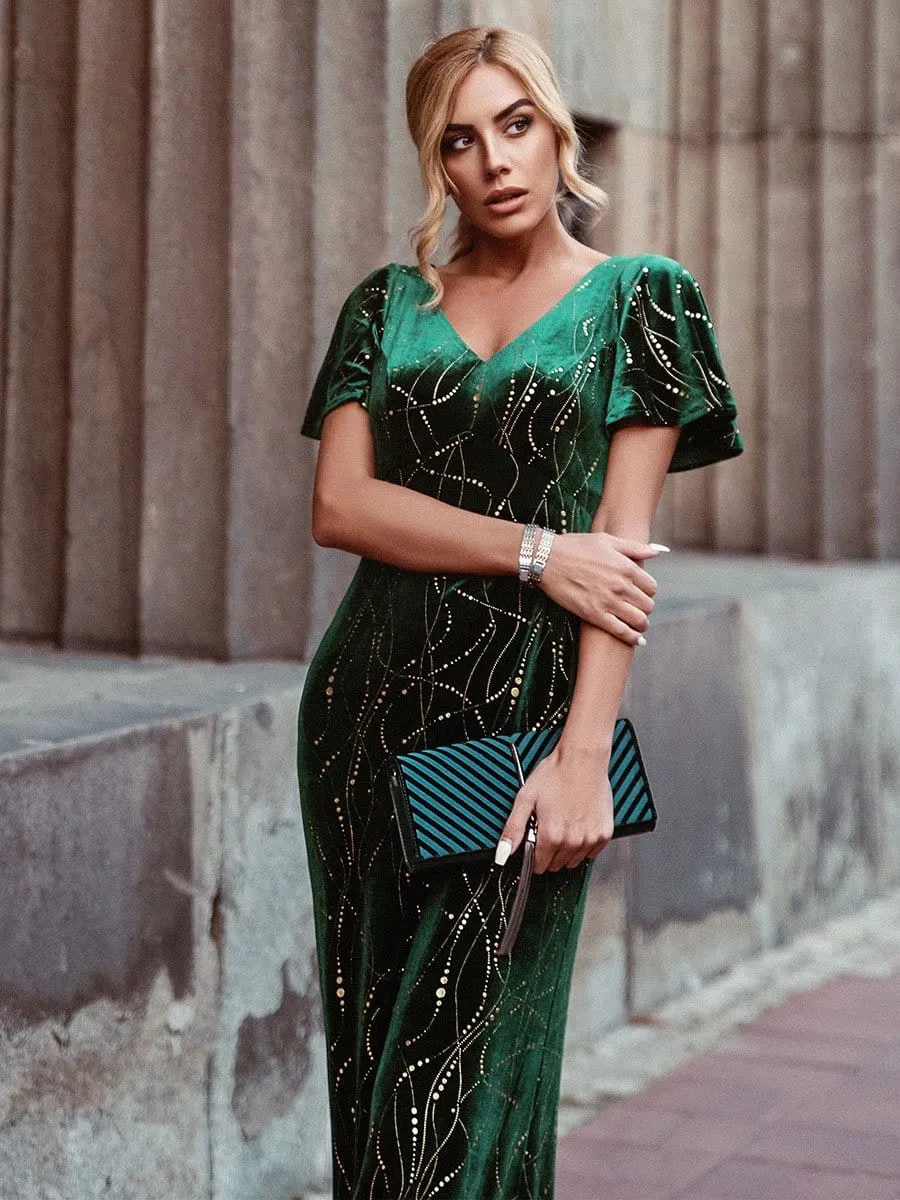 Sexy V Neck Velvet Evening Dress with Contrast Sequin