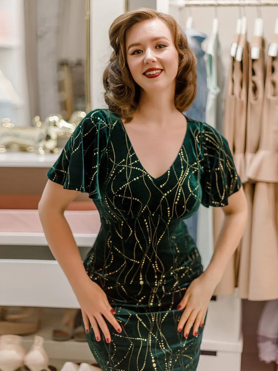 Sexy V Neck Velvet Evening Dress with Contrast Sequin