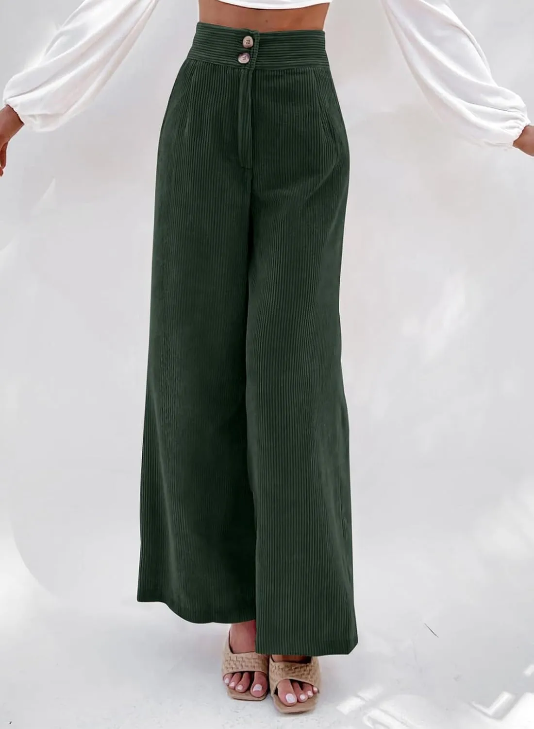 Sidefeel Corduroy Pants for Women 2025 Casual High Waisted Double Buttoned Stretchy Loose Fit Wide Leg Pants with Pockets