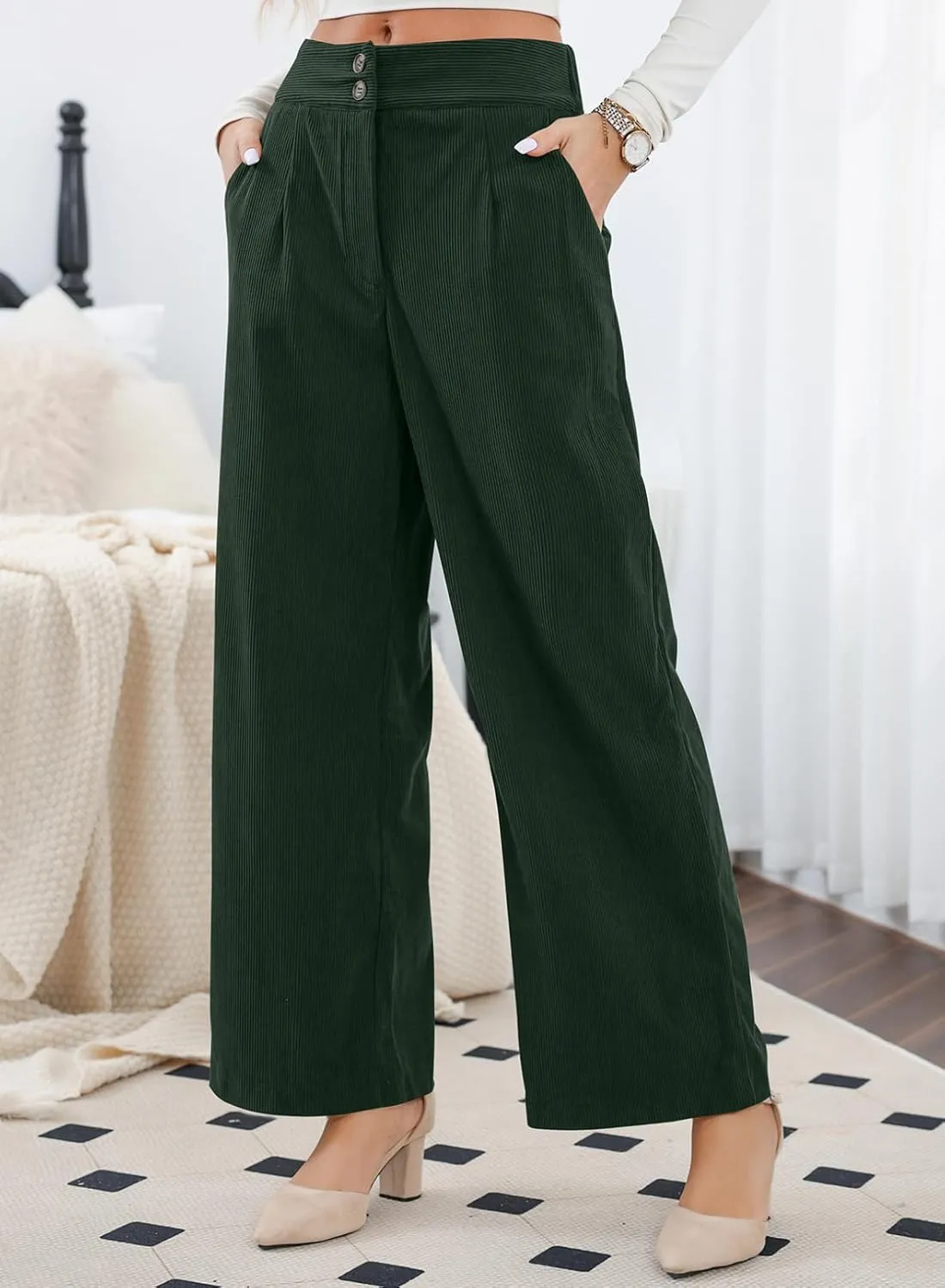 Sidefeel Corduroy Pants for Women 2025 Casual High Waisted Double Buttoned Stretchy Loose Fit Wide Leg Pants with Pockets