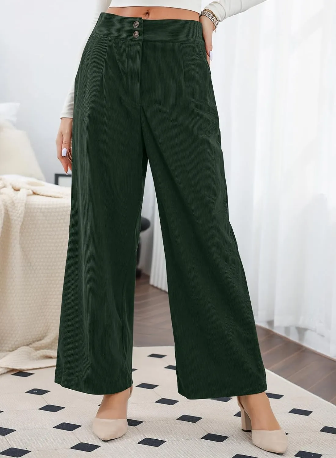 Sidefeel Corduroy Pants for Women 2025 Casual High Waisted Double Buttoned Stretchy Loose Fit Wide Leg Pants with Pockets