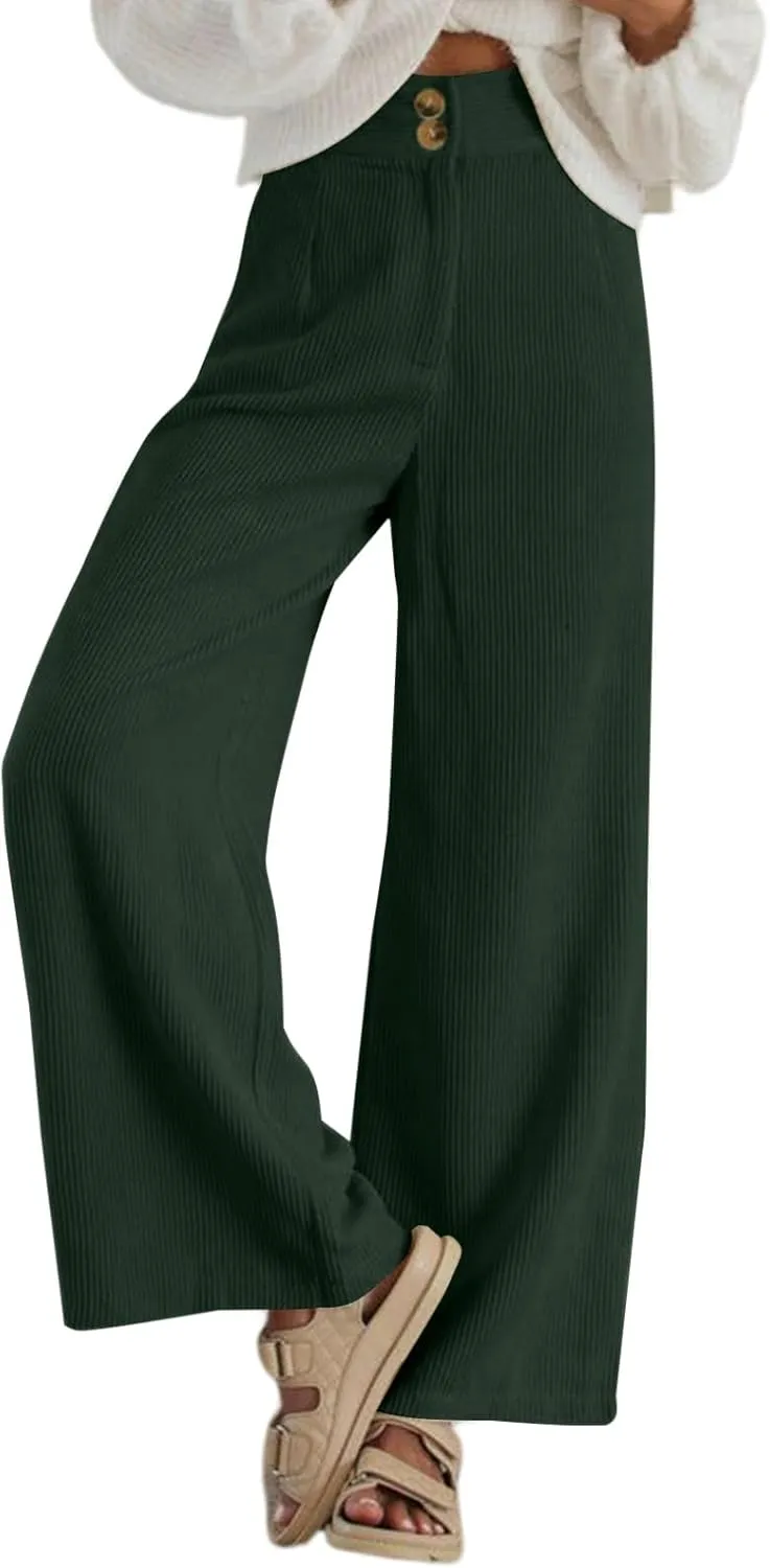 Sidefeel Corduroy Pants for Women 2025 Casual High Waisted Double Buttoned Stretchy Loose Fit Wide Leg Pants with Pockets