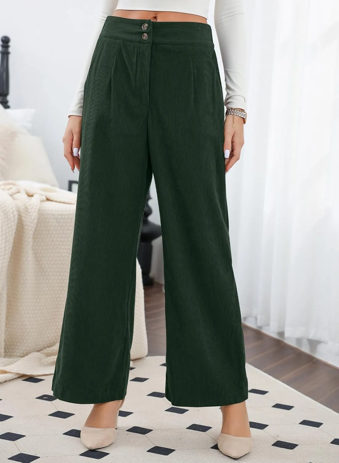 Sidefeel Corduroy Pants for Women 2025 Casual High Waisted Double Buttoned Stretchy Loose Fit Wide Leg Pants with Pockets