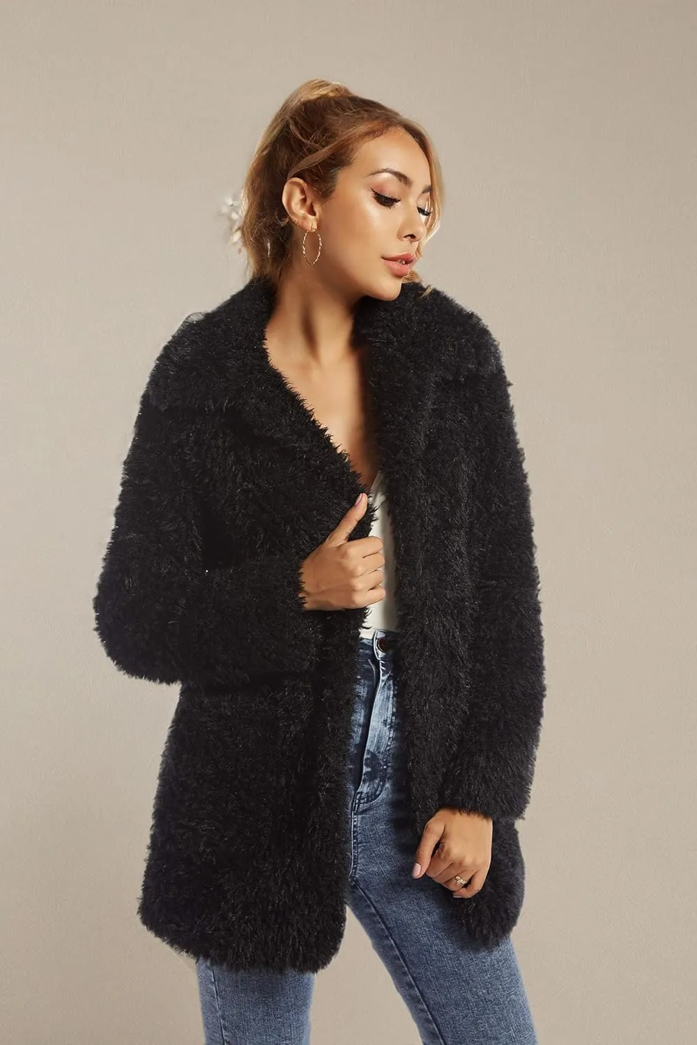 SUGAR POISON Elegant Faux Fur Coat Women 2022 Autumn Winter Warm Open Front Jacket Cardigan Overcoat Casual Outerwear