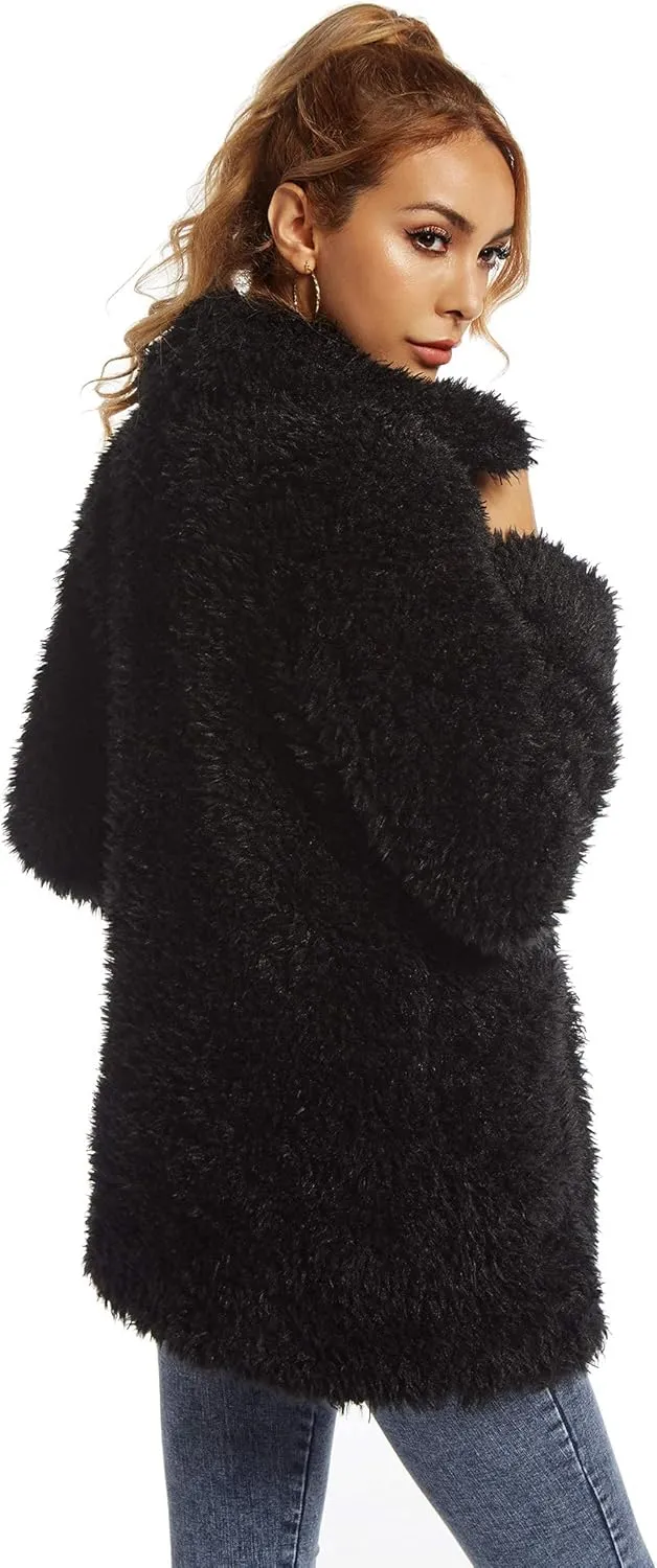 SUGAR POISON Elegant Faux Fur Coat Women 2022 Autumn Winter Warm Open Front Jacket Cardigan Overcoat Casual Outerwear