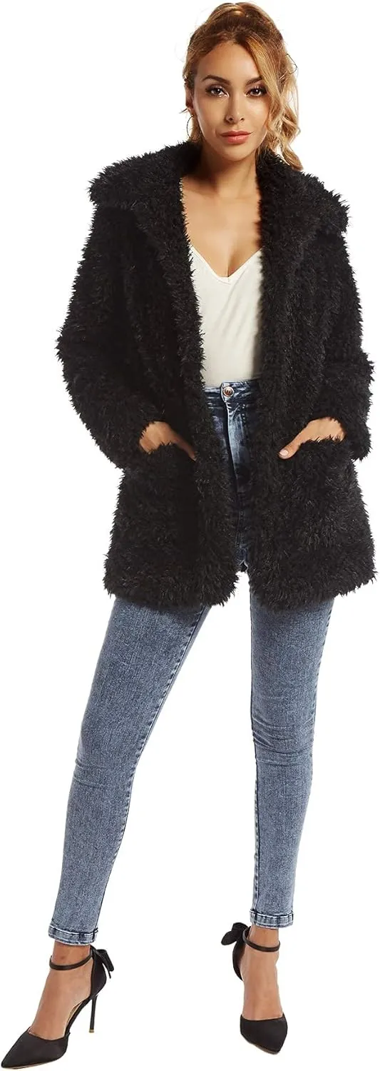 SUGAR POISON Elegant Faux Fur Coat Women 2022 Autumn Winter Warm Open Front Jacket Cardigan Overcoat Casual Outerwear