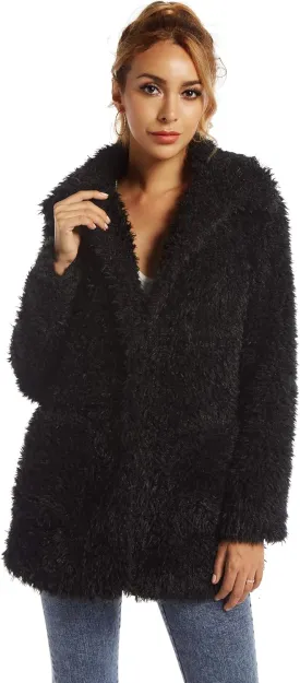 SUGAR POISON Elegant Faux Fur Coat Women 2022 Autumn Winter Warm Open Front Jacket Cardigan Overcoat Casual Outerwear