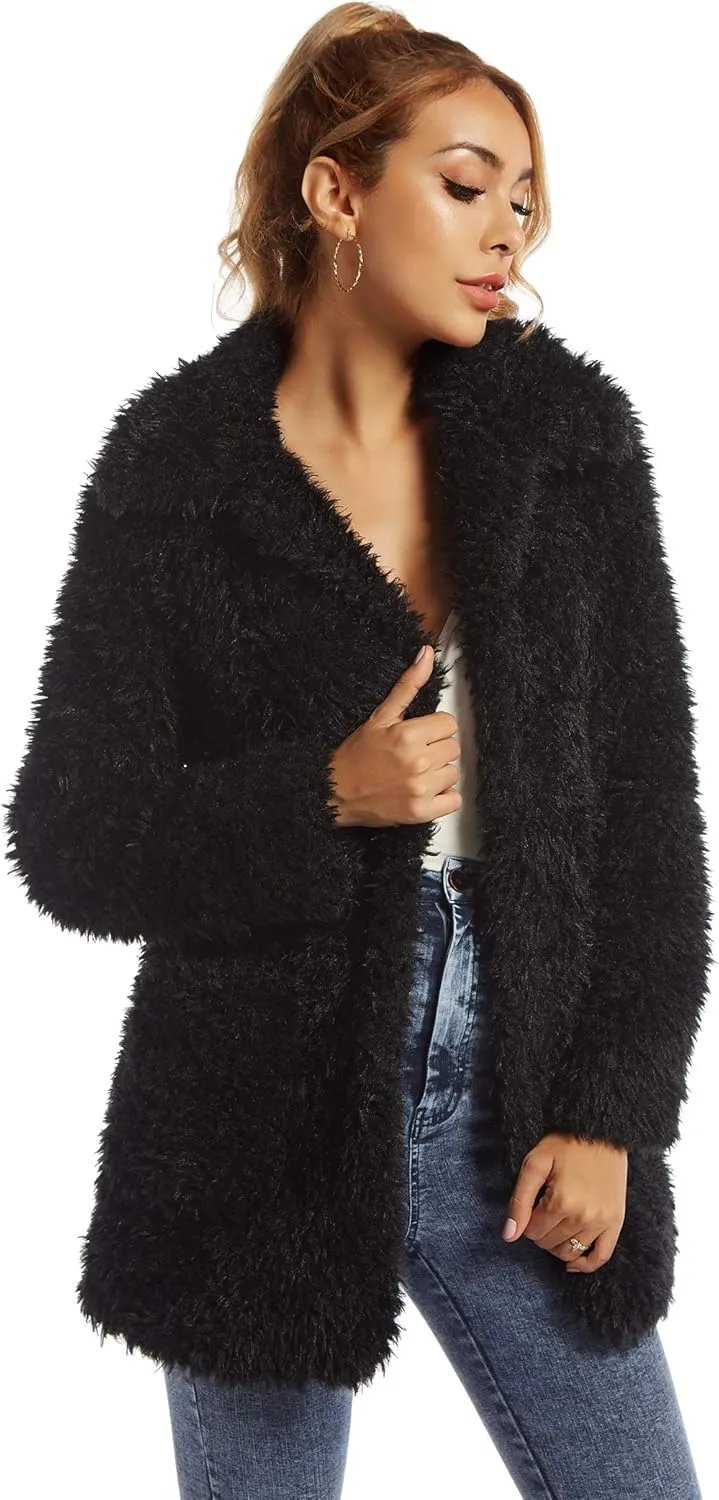 SUGAR POISON Elegant Faux Fur Coat Women 2022 Autumn Winter Warm Open Front Jacket Cardigan Overcoat Casual Outerwear