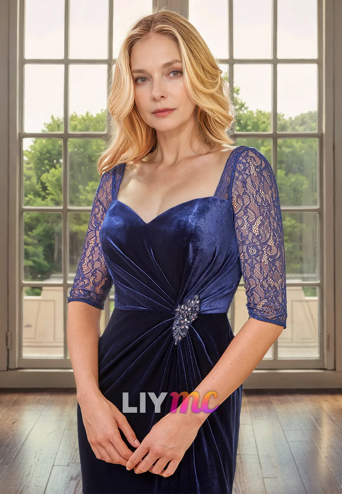 Sweetheart Half Sleeves Appliques Ruched Side Slit Mother of Bride Dress Cocktail