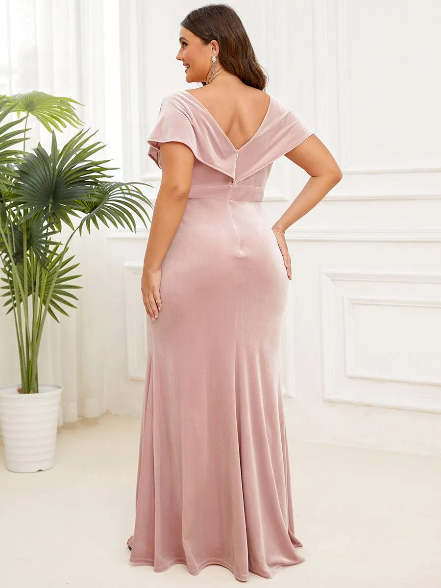 Velvet Pleated V-Neck Cap Sleeve Column Floor-Length Evening Dress(Final Sale)