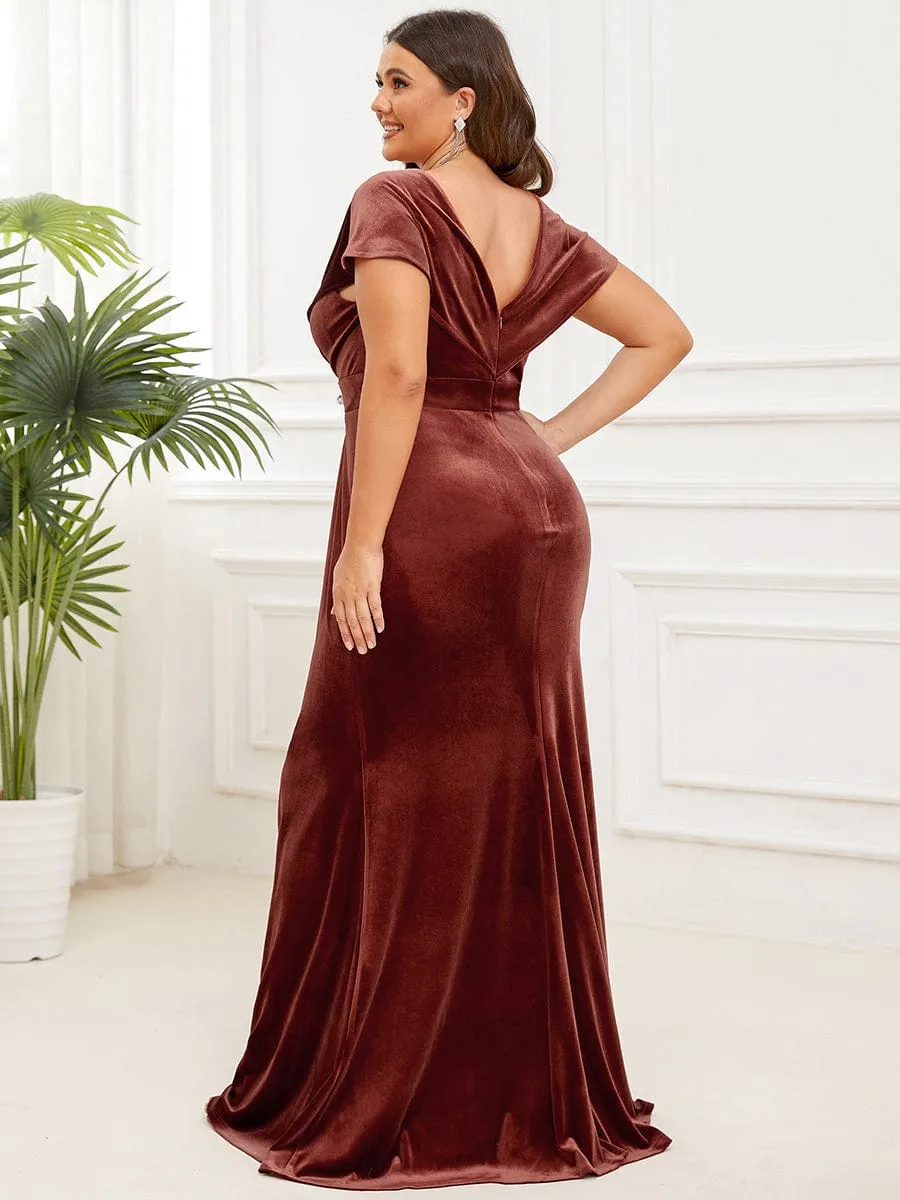 Velvet Pleated V-Neck Cap Sleeve Column Floor-Length Evening Dress(Final Sale)