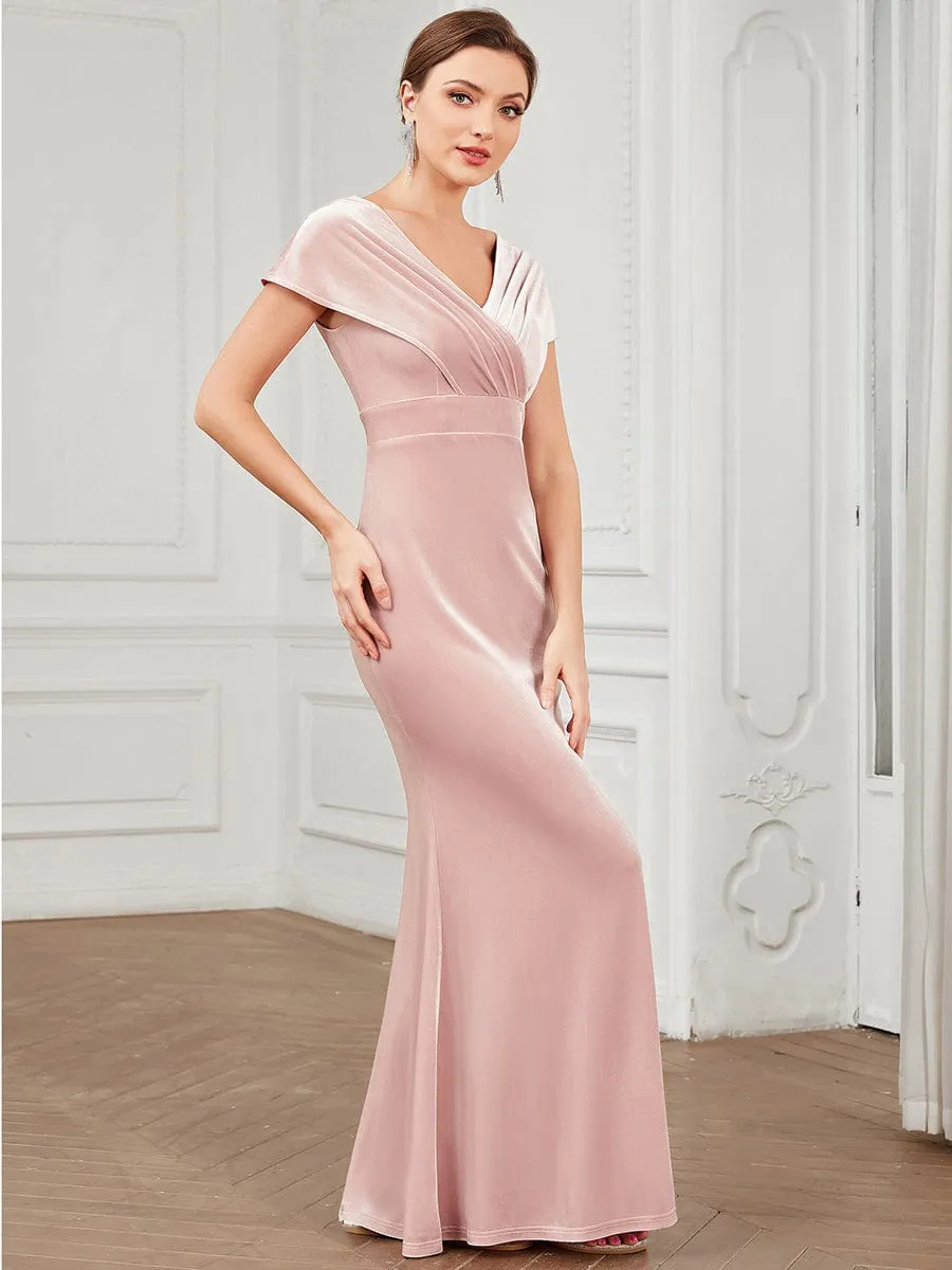 Velvet Pleated V-Neck Cap Sleeve Column Floor-Length Evening Dress(Final Sale)