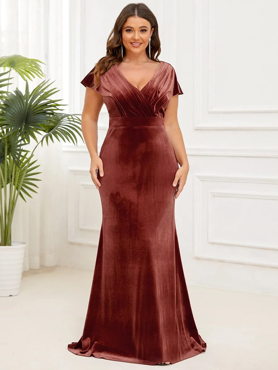 Velvet Pleated V-Neck Cap Sleeve Column Floor-Length Evening Dress(Final Sale)