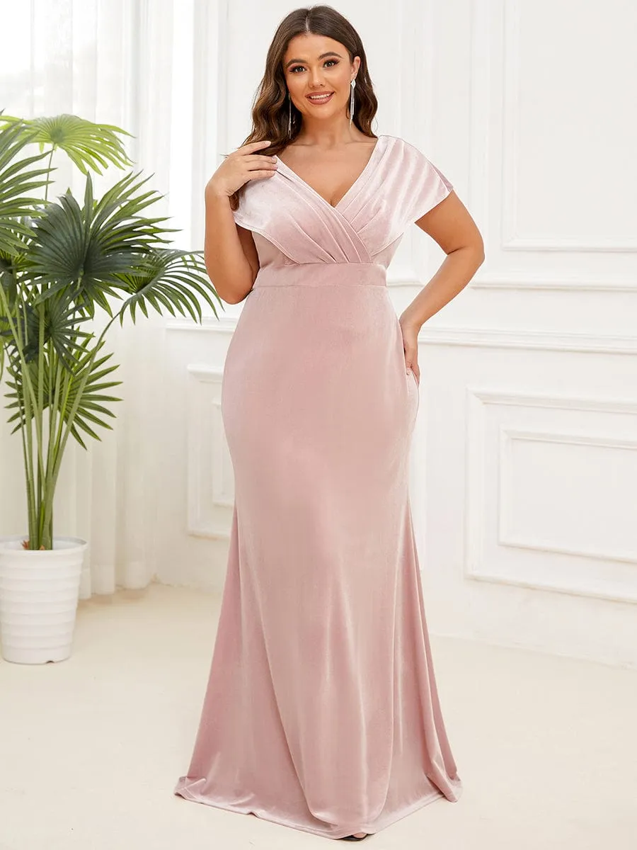 Velvet Pleated V-Neck Cap Sleeve Column Floor-Length Evening Dress(Final Sale)