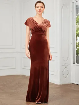 Velvet Pleated V-Neck Cap Sleeve Column Floor-Length Evening Dress(Final Sale)
