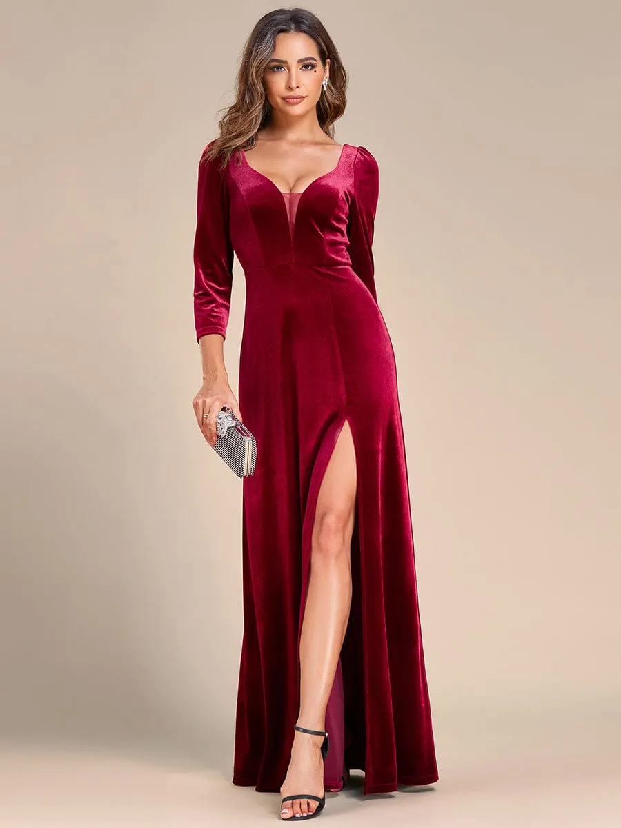 Velvet Plunging V-Neck Front Slit 3/4 Sleeve A-Line Evening Dress(Final Sale)