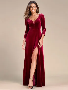 Velvet Plunging V-Neck Front Slit 3/4 Sleeve A-Line Evening Dress(Final Sale)