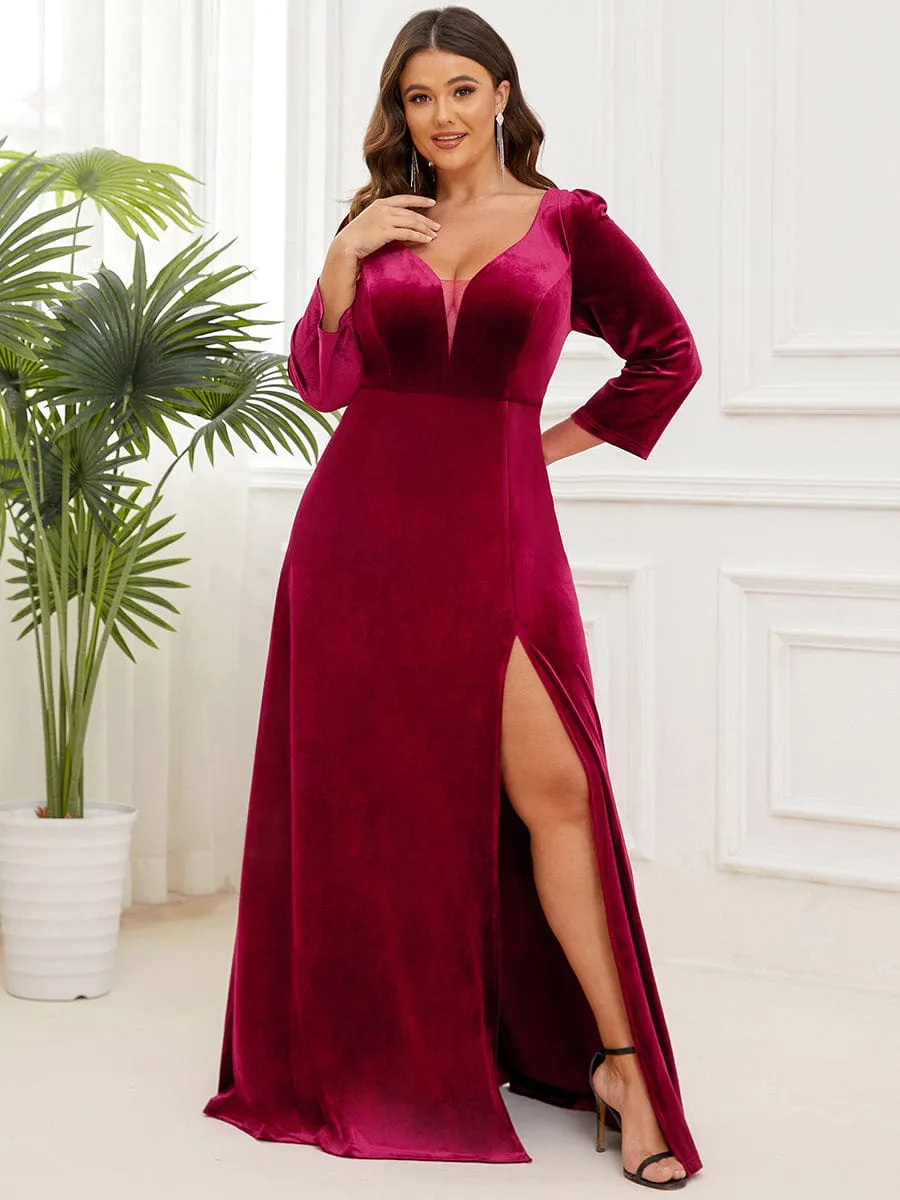 Velvet Plunging V-Neck Front Slit 3/4 Sleeve A-Line Evening Dress(Final Sale)