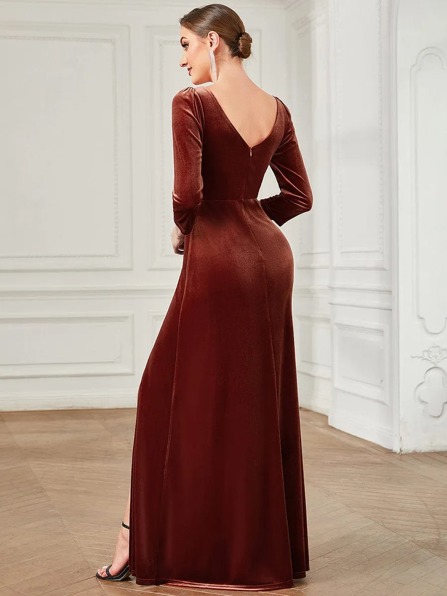 Velvet Plunging V-Neck Front Slit 3/4 Sleeve A-Line Evening Dress(Final Sale)