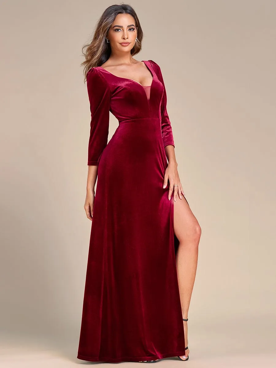 Velvet Plunging V-Neck Front Slit 3/4 Sleeve A-Line Evening Dress(Final Sale)