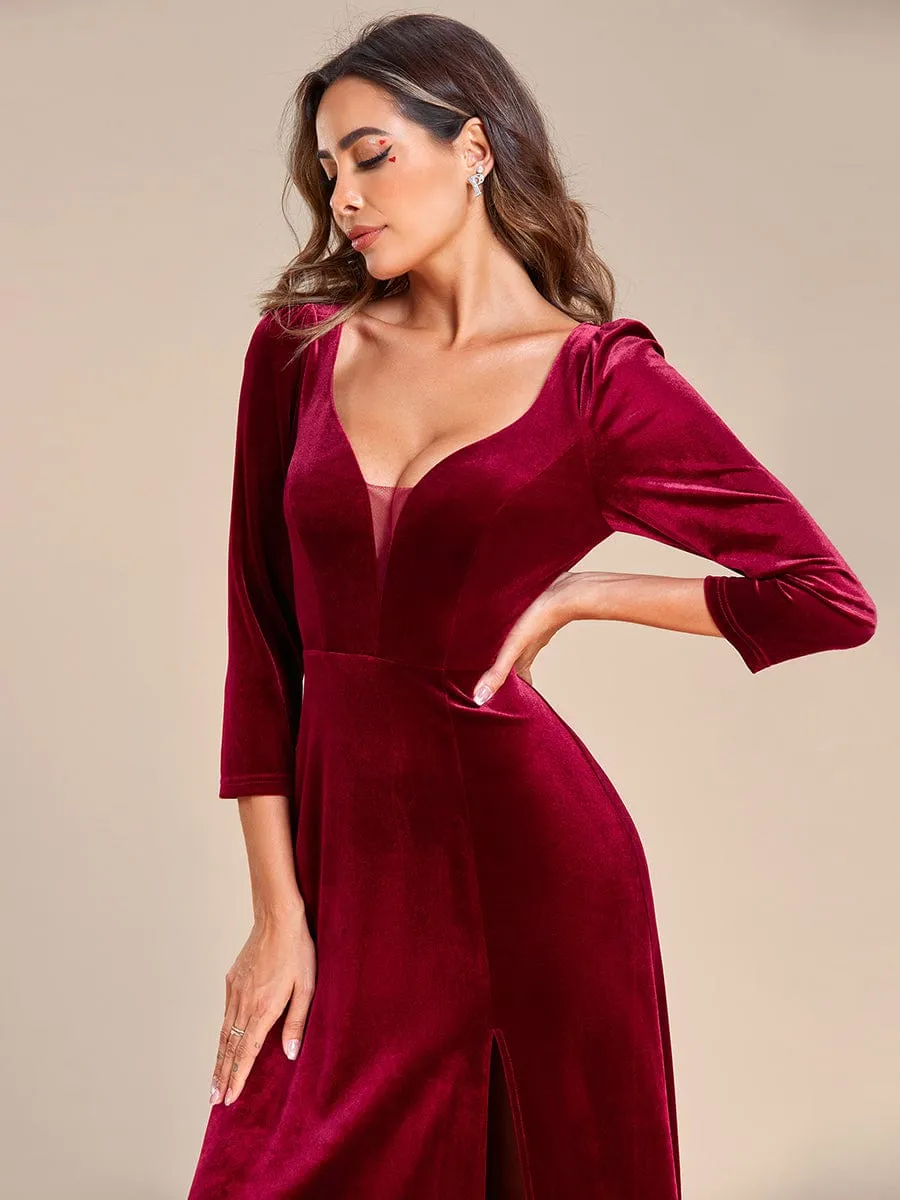 Velvet Plunging V-Neck Front Slit 3/4 Sleeve A-Line Evening Dress(Final Sale)