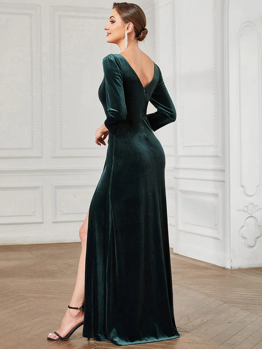 Velvet Plunging V-Neck Front Slit 3/4 Sleeve A-Line Evening Dress(Final Sale)