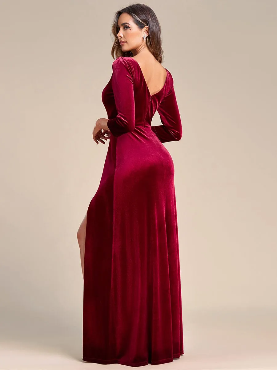 Velvet Plunging V-Neck Front Slit 3/4 Sleeve A-Line Evening Dress(Final Sale)