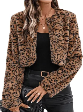 Verdusa Women's Faux Fur Cropped Jacket Solid Open Front Long Sleeve Outerwear Flannel Fuzzy Crop Coat