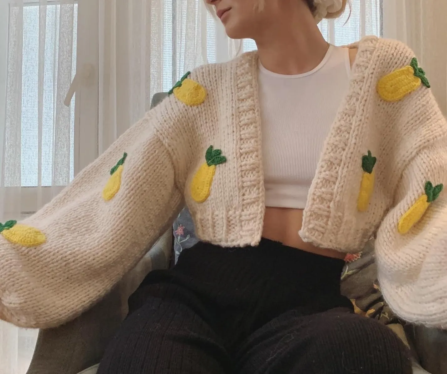 Women Cute Cropped Cardigan Y2k Fruit Graphic Open Front Sweater 3D Floral Chunky Knit Shrug Aesthetic Clothes