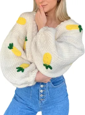 Women Cute Cropped Cardigan Y2k Fruit Graphic Open Front Sweater 3D Floral Chunky Knit Shrug Aesthetic Clothes