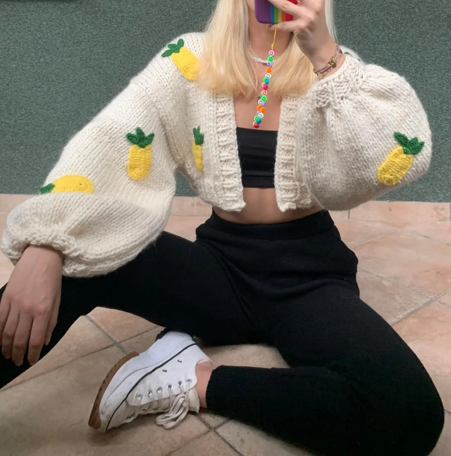 Women Cute Cropped Cardigan Y2k Fruit Graphic Open Front Sweater 3D Floral Chunky Knit Shrug Aesthetic Clothes