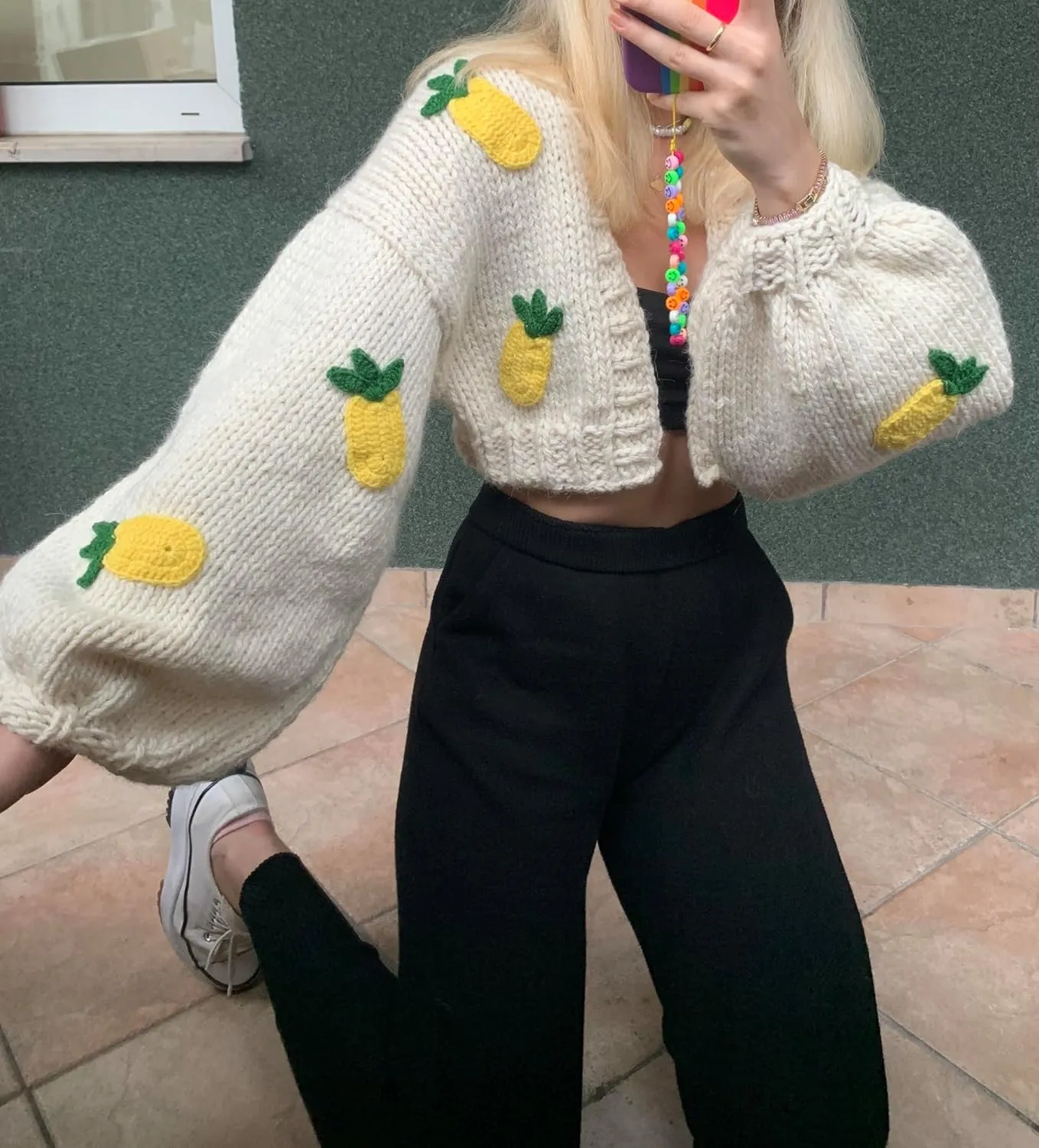 Women Cute Cropped Cardigan Y2k Fruit Graphic Open Front Sweater 3D Floral Chunky Knit Shrug Aesthetic Clothes