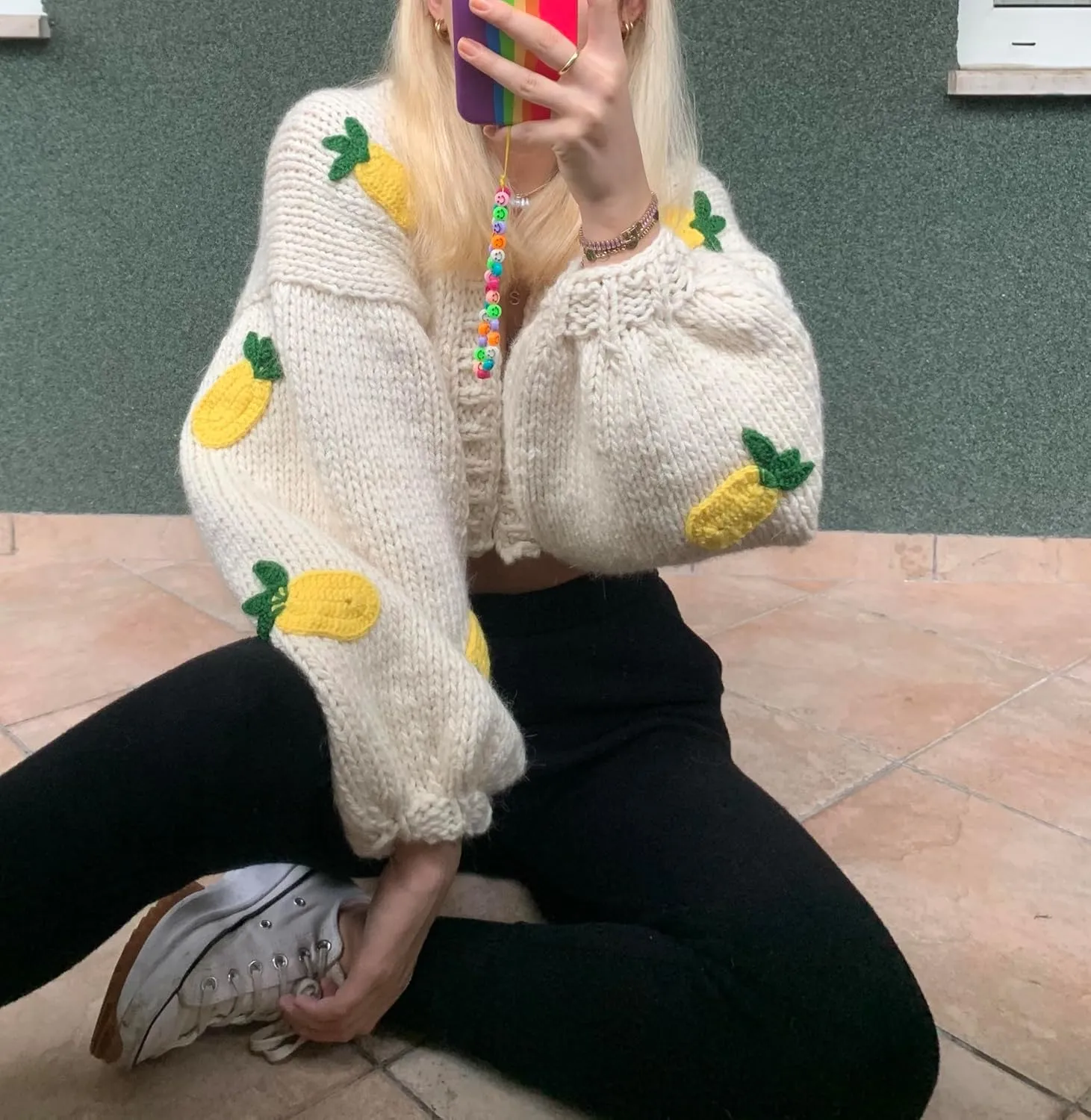 Women Cute Cropped Cardigan Y2k Fruit Graphic Open Front Sweater 3D Floral Chunky Knit Shrug Aesthetic Clothes