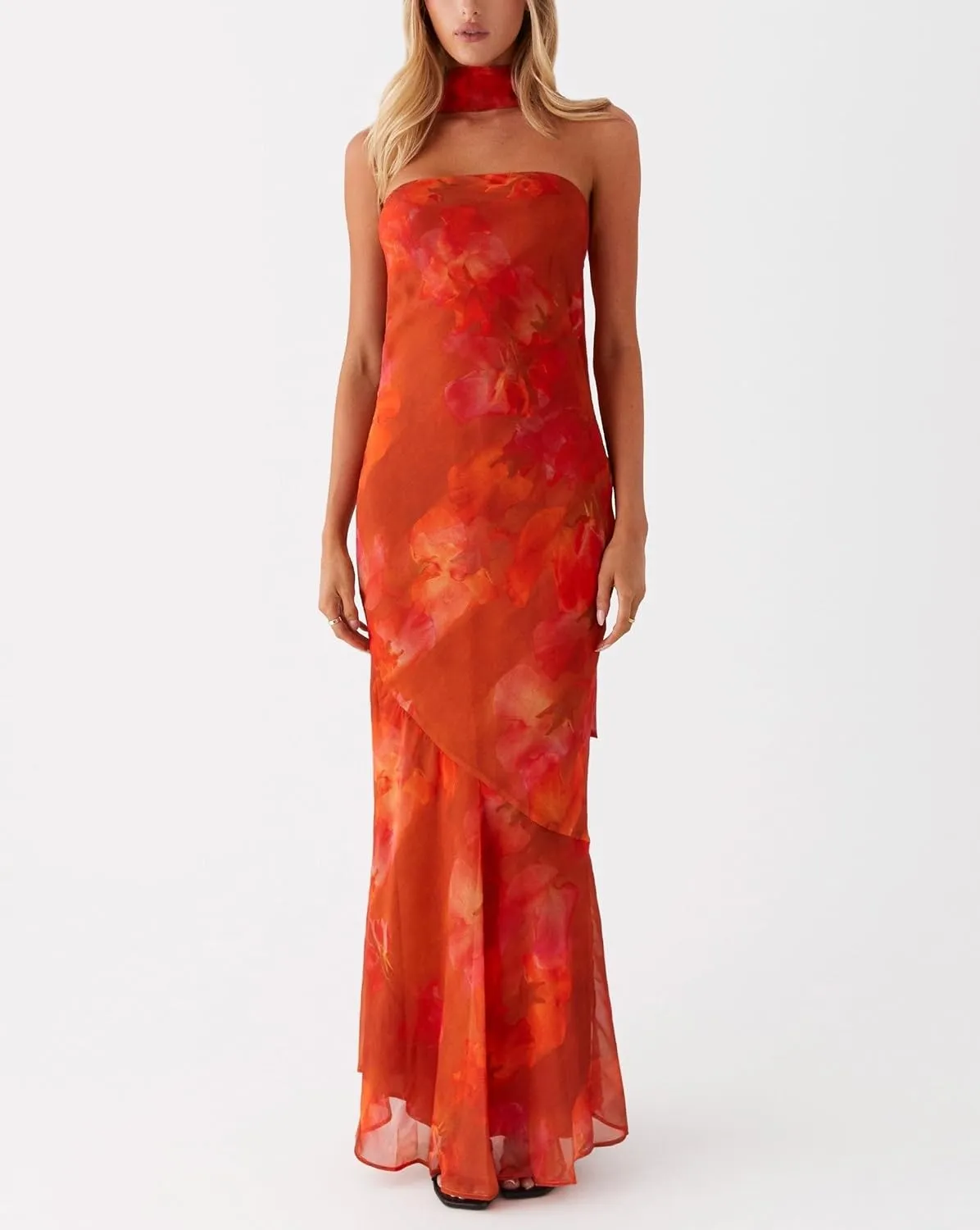 Women Strapless Floral Dress with Sarf Mesh Tube Maxi Dress Summer Cocktail Wedding Guest