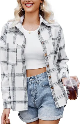 Women's Casual Plaid Shacket Long Sleeve Button Down Flannel Shirts Jacket Coats with Side Pockets