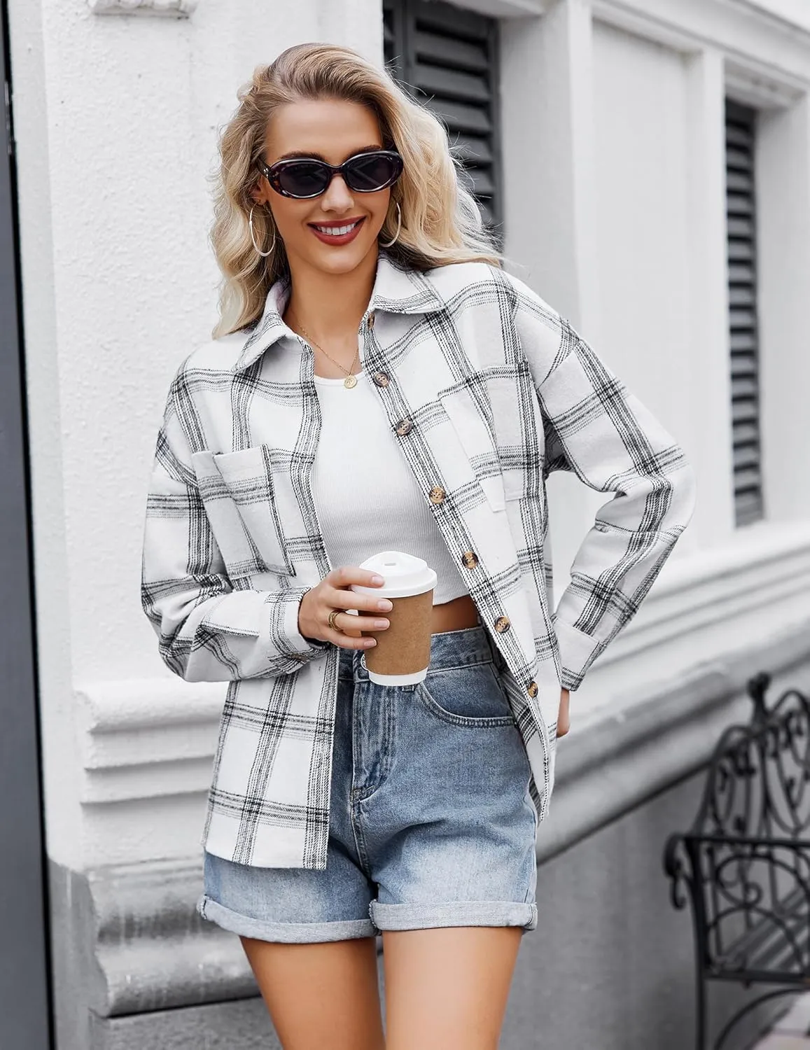 Women's Casual Plaid Shacket Long Sleeve Button Down Flannel Shirts Jacket Coats with Side Pockets