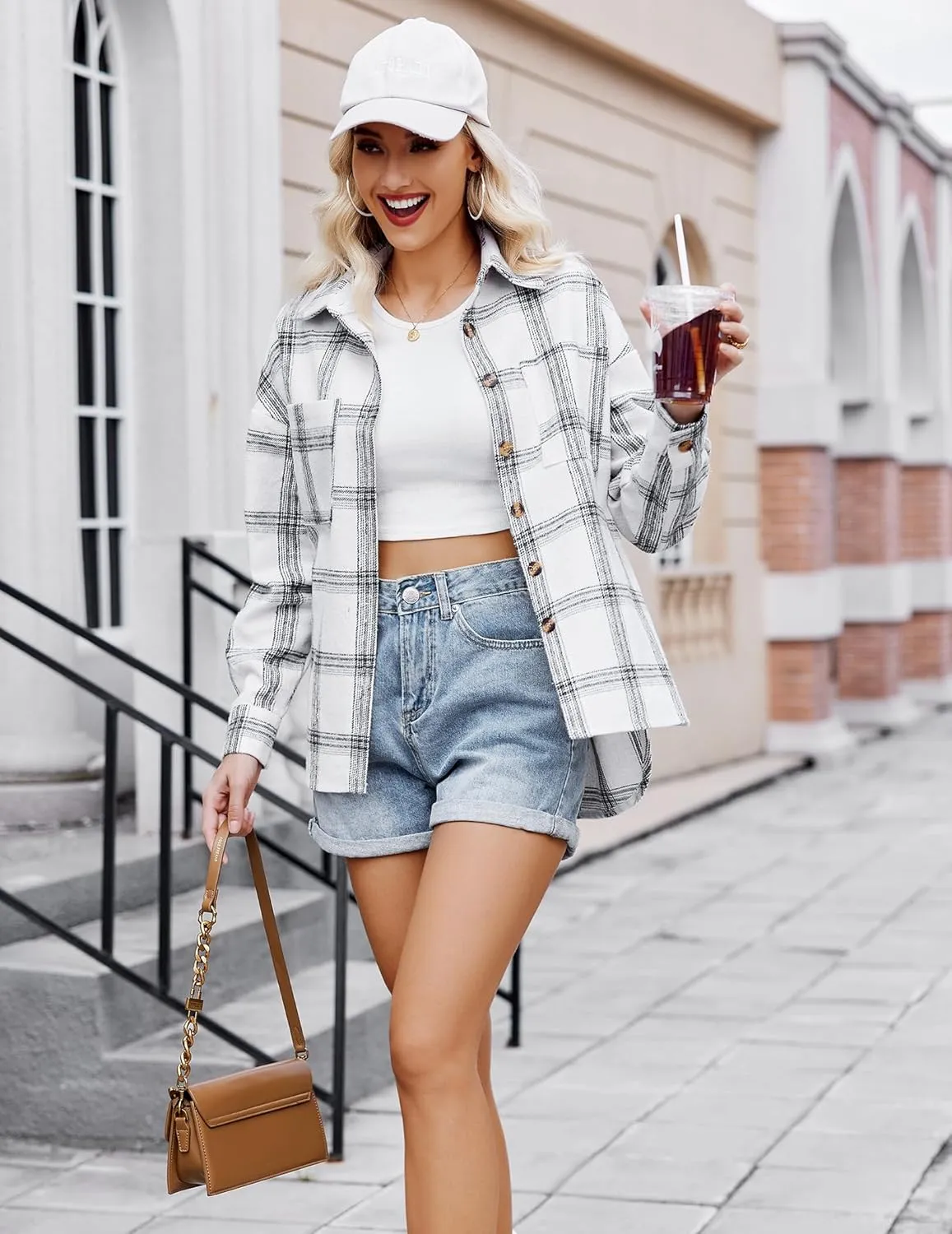 Women's Casual Plaid Shacket Long Sleeve Button Down Flannel Shirts Jacket Coats with Side Pockets