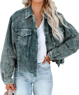 Womens Corduroy Jackets - Y2K Cropped Casual Button Down Jacket Retro Washed Frayed Hem Shacket Coat