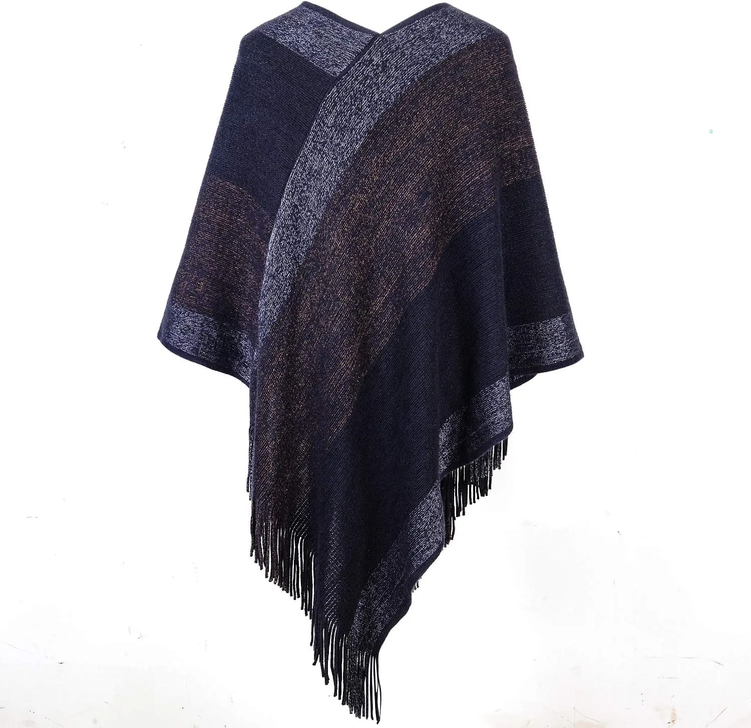 Women's Elegant Knitted Shawl Poncho with Fringed V-Neck Striped Sweater Pullover Cape Gifts for Women Mom