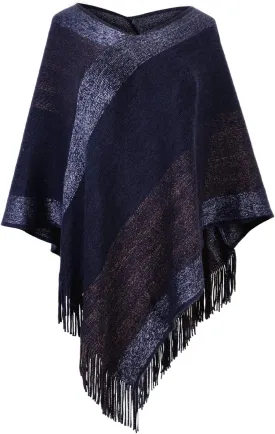 Women's Elegant Knitted Shawl Poncho with Fringed V-Neck Striped Sweater Pullover Cape Gifts for Women Mom