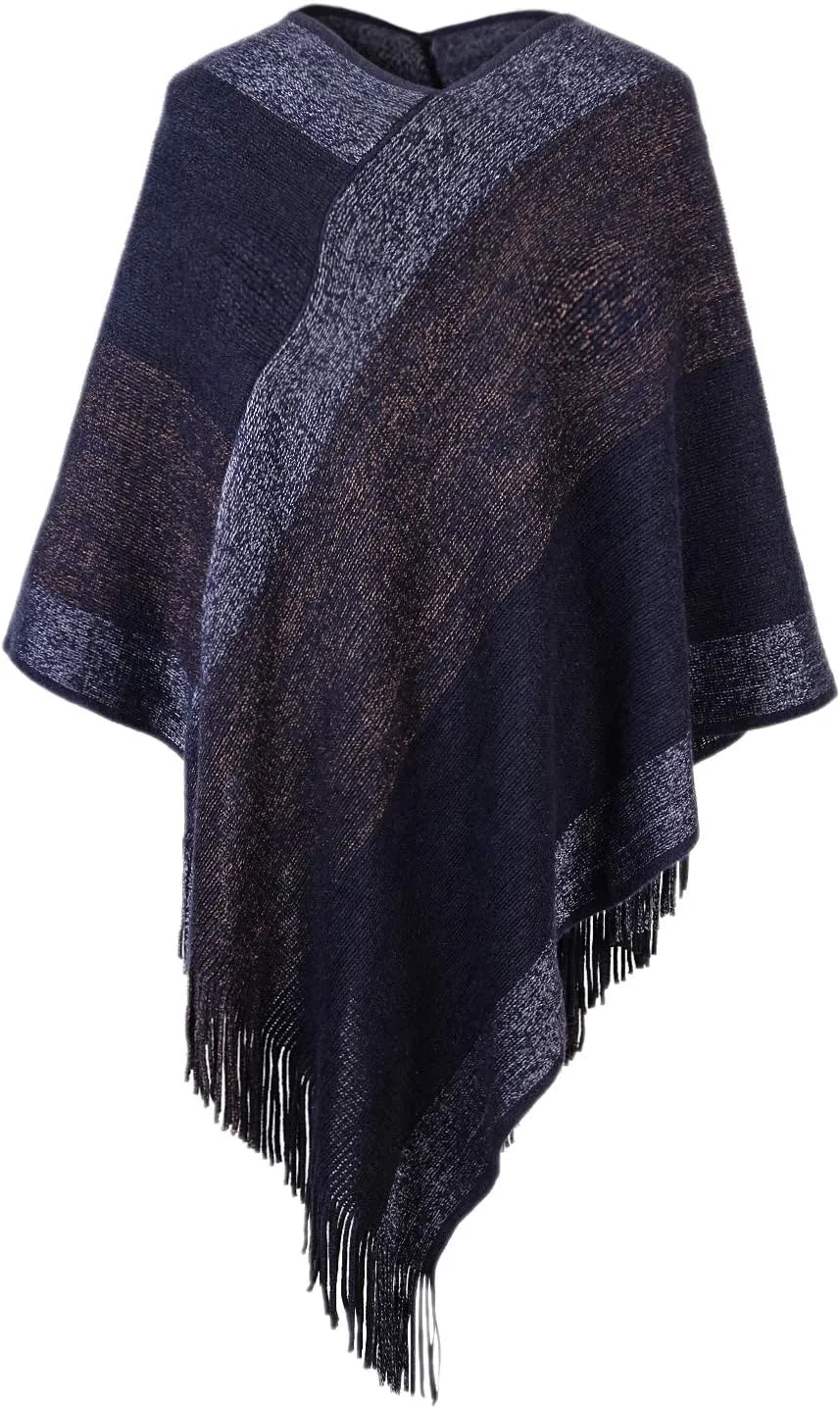 Women's Elegant Knitted Shawl Poncho with Fringed V-Neck Striped Sweater Pullover Cape Gifts for Women Mom
