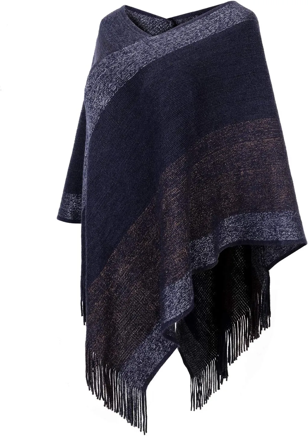 Women's Elegant Knitted Shawl Poncho with Fringed V-Neck Striped Sweater Pullover Cape Gifts for Women Mom
