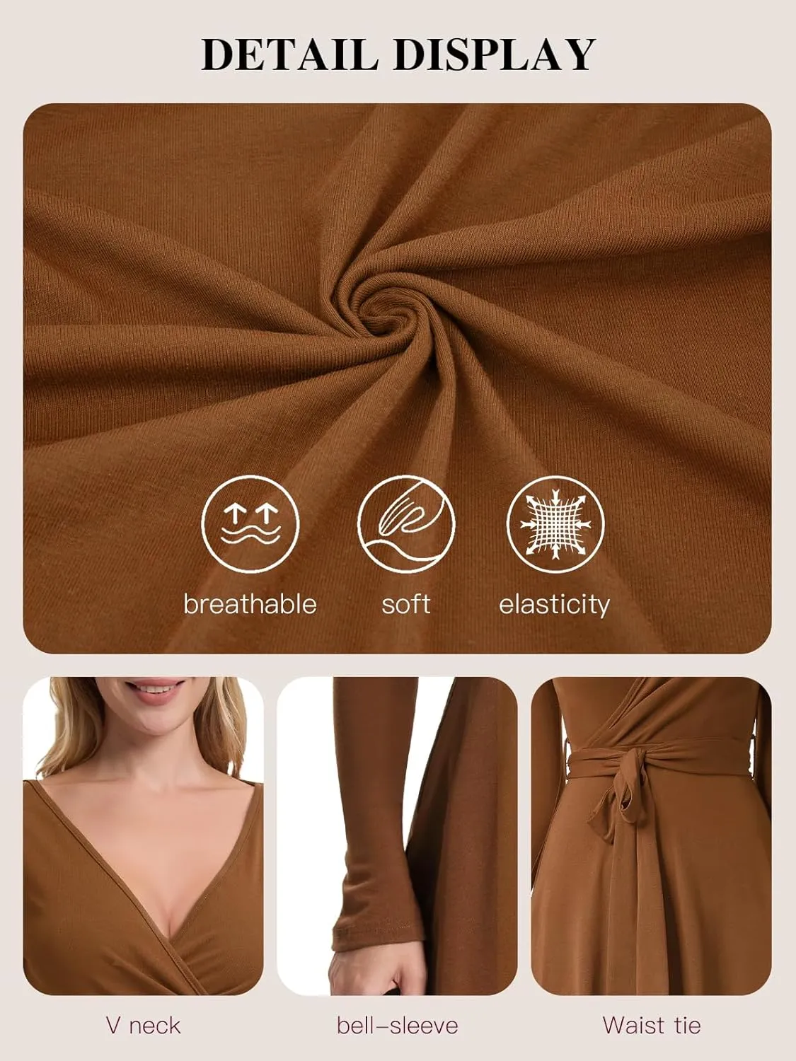Women's Fall Long Sleeve Dress: Wrap V Neck Midi Dresses - Casual Party Rib Dresses with Belt