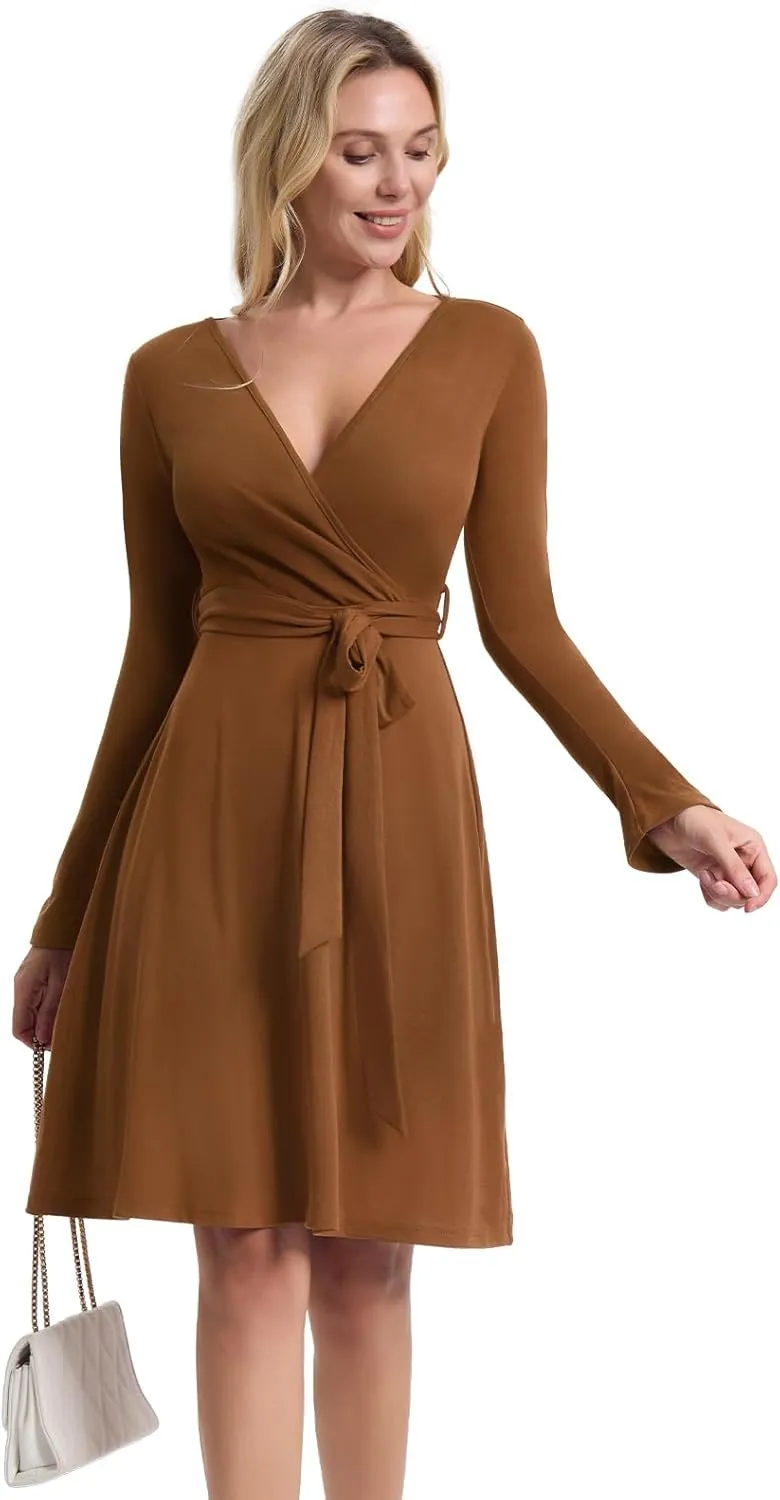 Women's Fall Long Sleeve Dress: Wrap V Neck Midi Dresses - Casual Party Rib Dresses with Belt