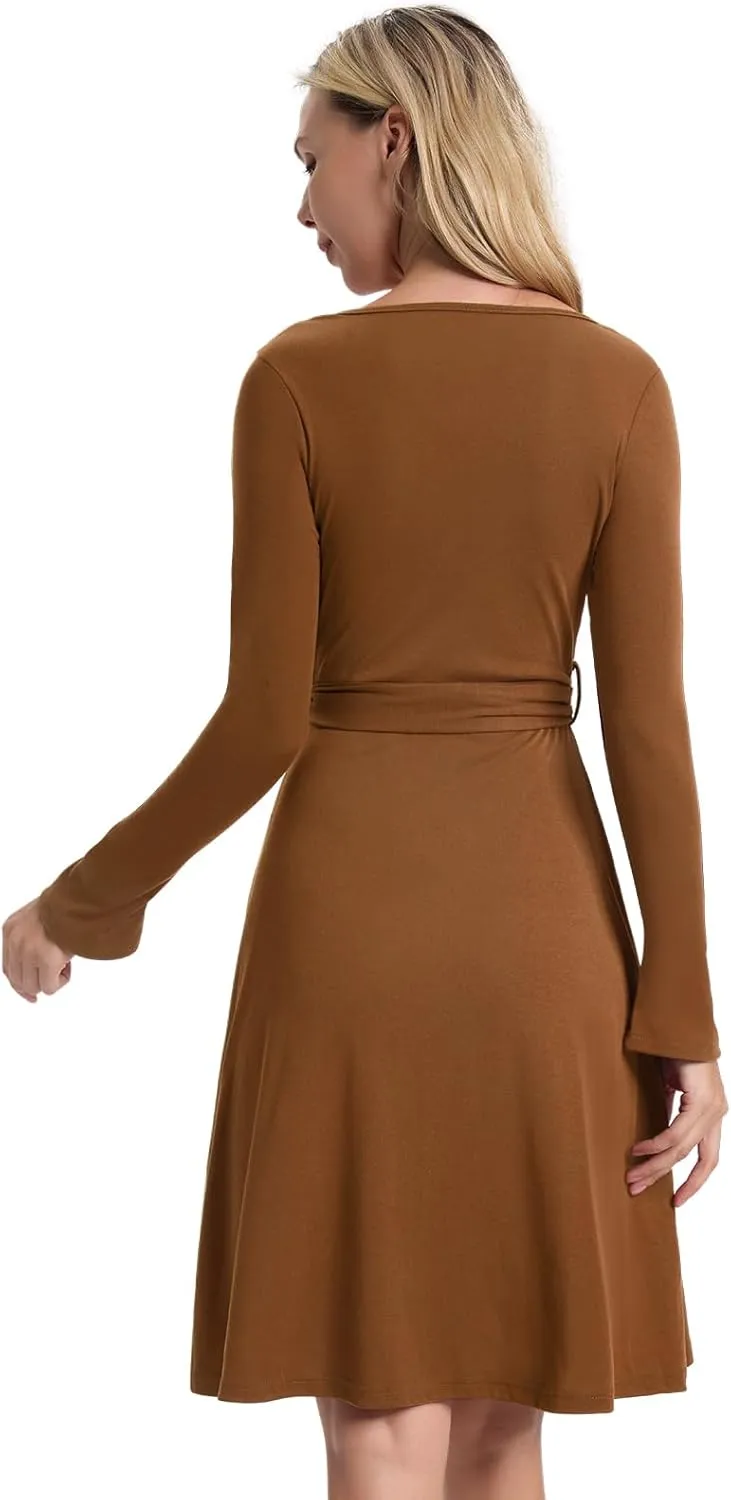 Women's Fall Long Sleeve Dress: Wrap V Neck Midi Dresses - Casual Party Rib Dresses with Belt