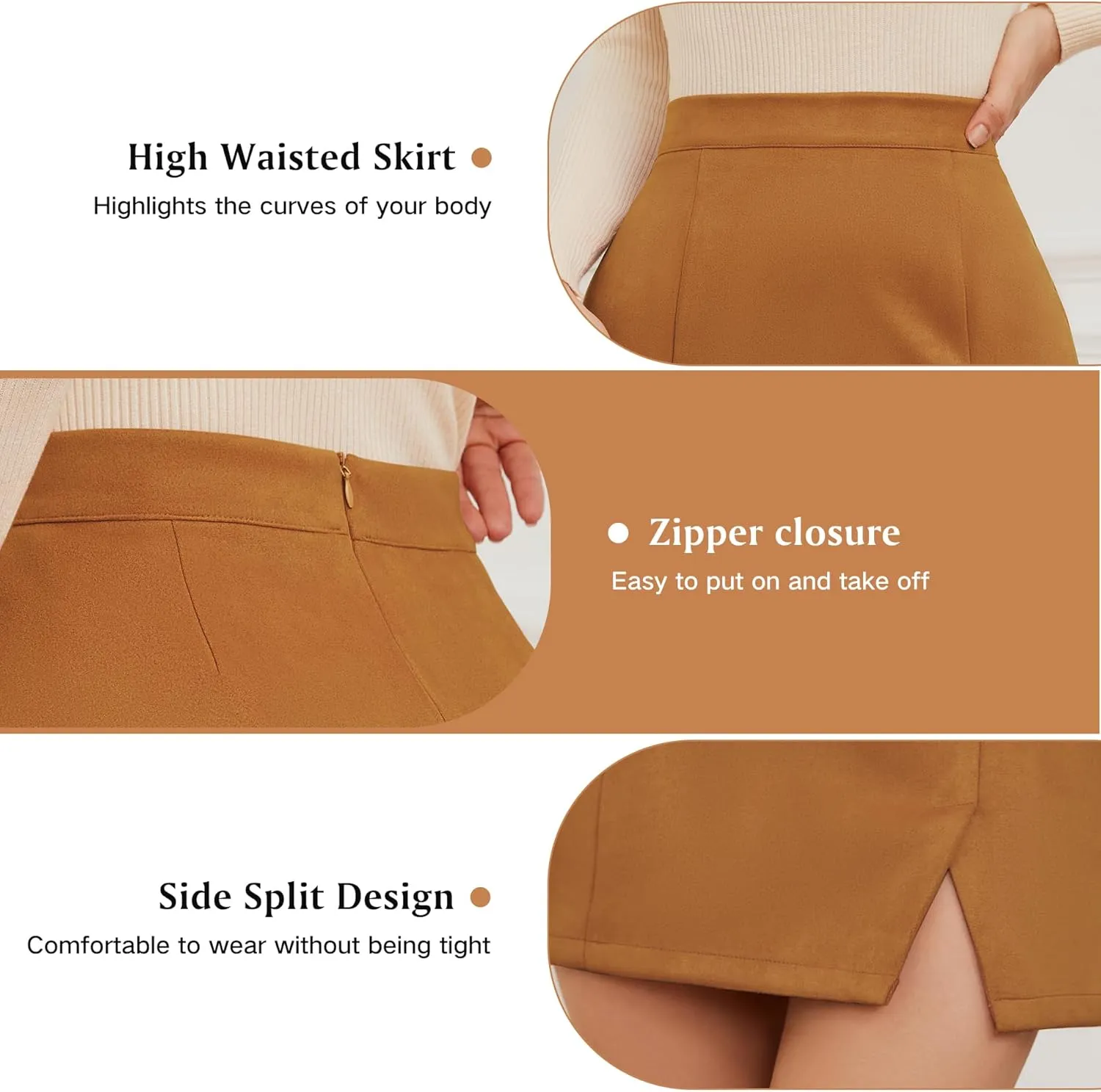 Womens Faux Suede Skirt with Slit High Waisted Mini Skirt Side Split A-Line Bodycon Short Skirt