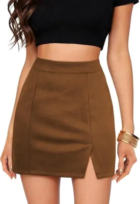 Womens Faux Suede Skirt with Slit High Waisted Mini Skirt Side Split A-Line Bodycon Short Skirt