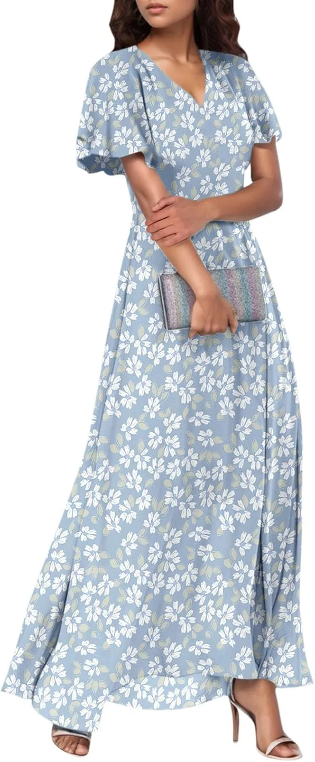 Women's Floral Print Chiffon Dress - Blue, Size S, Midi Length, Spring/Summer