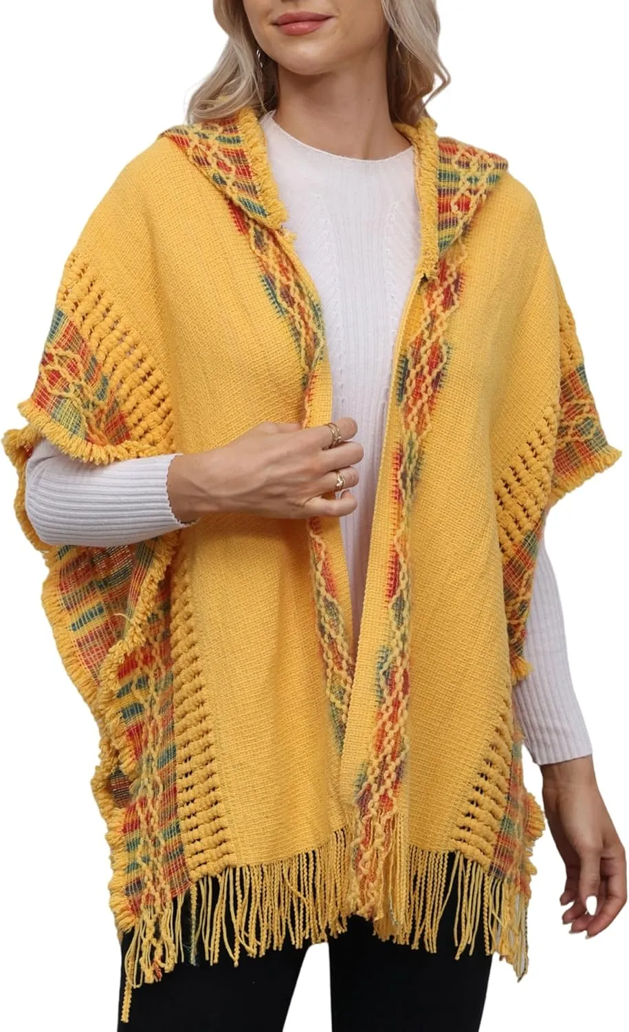 Women's Knit Vintage Ethnic Tassel stripes Poncho Shawl With Tassel Open front Cape Wrap