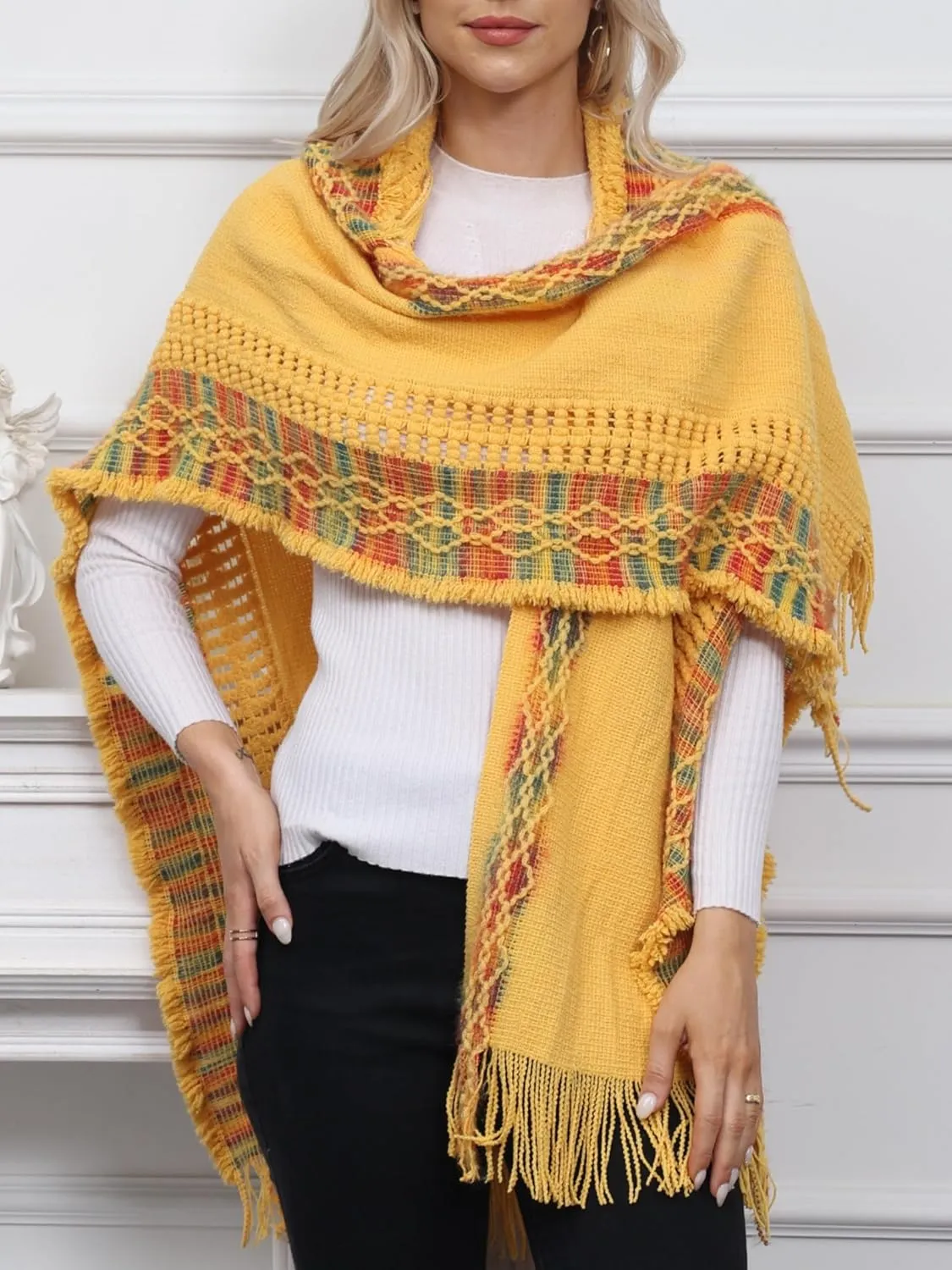 Women's Knit Vintage Ethnic Tassel stripes Poncho Shawl With Tassel Open front Cape Wrap